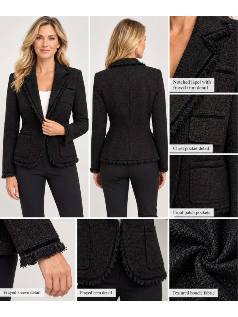 Reitmans Woman’s Petite 10 Textured Tweed Blazer Brown with Velvet Trim Fringe